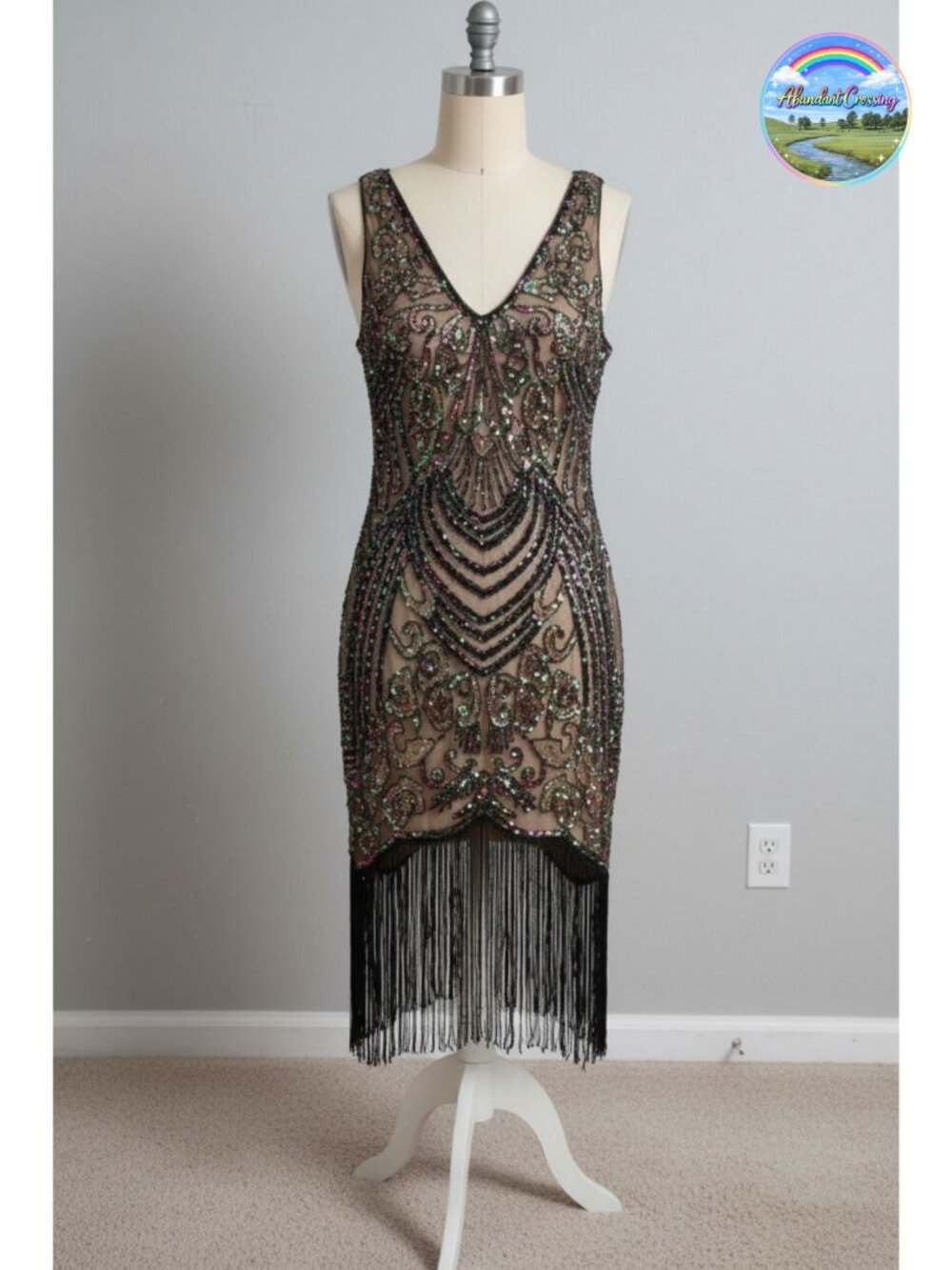 Flapper Dress V Neck Beaded Fringed Gatsby 1920s